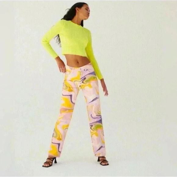 Zara Multicolor Denim Straight Jeans‎ with Psychedelic Abstract Swirl print Sz 2 - Picture 2 of 13